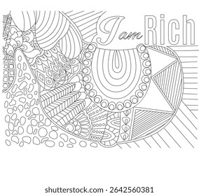 I Am Rich Affirmation Zentangle Coloring Page, Black and white line art illustration for coloring featuring the affirmation 'I am Rich' embedded within an intricate, hand-drawn abstract pattern in a