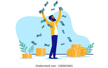 Rich African American man making money and celebrating with hands in air cheering and being happy. Flat design vector illustration with white background