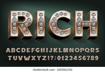 Rich alphabet font. 3d gold metal letters and numbers with diamonds. Stock vector typeset for your design.