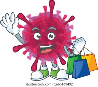 A rich amoeba coronaviruses cartoon design waving and holding Shopping bag