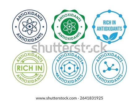Rich in antioxidants icons set design. Antioxidant rich food label sign symbol