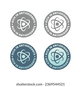 Rich in antioxidants vector label. Colorful antioxidant molecule circle badge.