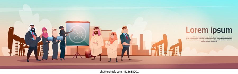 Rich Arab Business Man Oil Trade Pumpjack Rig Platform Black Wealth Concept Flat Vector Illustration