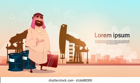 Rich Arab Business Man Oil Trade Pumpjack Rig Platform Black Wealth Concept Flat Vector Illustration