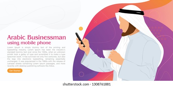 Rich Arab Business Man Using Internet Mobile Phone In A cafe Shop. illustration for landing page - Vector