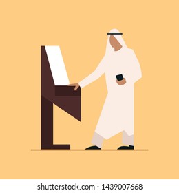 Rich Arab Businessman standing beside ATM . Person withdrawing money isolated on white background. Cash withdrawal from automated teller machine. Flat vector illustration