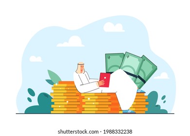 Rich Arab man lying on gold coins flat vector illustration. Successful businessman in national costume holding tablet and resting. Wealth, finance, money concept
