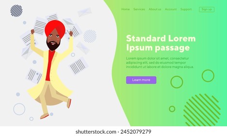Rich Arabian businessman dancing and celebrating good deal. Vector illustration. Man in turban pleased with many documents on background. Success, concluding contract, business concept for banner