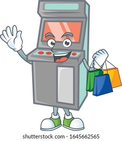 A rich arcade game machine cartoon design waving and holding Shopping bag