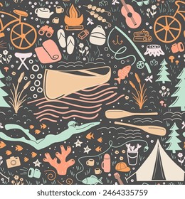 Rich artistic seamless pattern in vector format featuring summer active lifestyle attributes. Drawn in vivid modern color palette it immerses into awaited atmosphere of warmth, leisure and freedom.