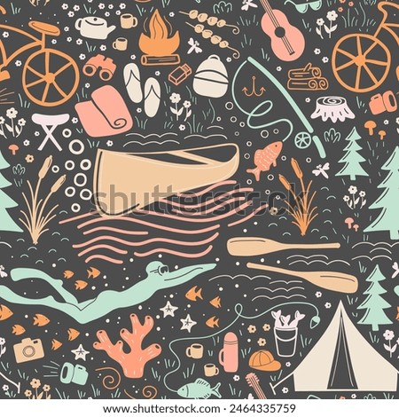 Rich artistic seamless pattern in vector format featuring summer active lifestyle attributes. Drawn in vivid modern color palette it immerses into awaited atmosphere of warmth, leisure and freedom.