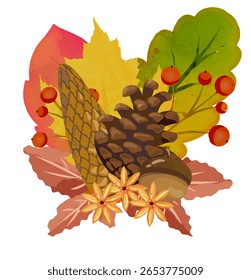 Composição rica de outono com um grande cone de pinho, bolotas, bagas de laranja, folhas com veios verdes e flores amarelas — ideal para produtos sazonais, impressões da natureza e ativos de sublimação mais vendidos.