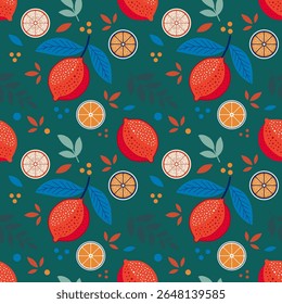 A rich, autumnal seamless pattern with a repeating background of red citrus, orange slices, and diverse leaves on dark teal. Ideal for seasonal textiles and decor.