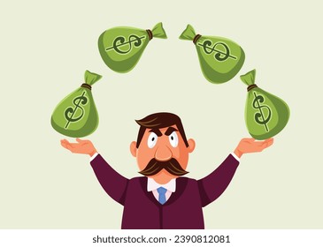 
Rich Banker Man Juggling with Money Bags Vector Cartoon Illustration. Greedy billionaire tossing capital up in the air 
