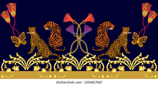 Rich baroque border with wild animals. Tigers, leopard and golden scrolls on dark background. Template for cards, covers and textile design.  