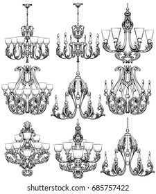 Rich Baroque Classic Chandelier Set Luxury Decor Accessory Design Vector Illustration Sketch Rich Baroque Classic Chandelier Set Luxury Decor Accessory Design Vector Illustration Sketch