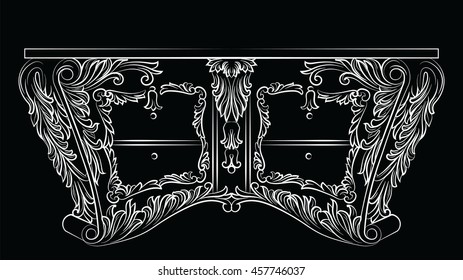 Rich Baroque commode Table with drawers. French Luxury rich carved ornaments decorated furniture. Vector Victorian Royal Style table furniture