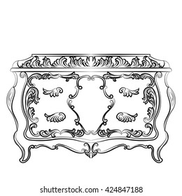 Rich Baroque Dressing Table with drawers. French Luxury rich carved ornaments furniture. Vector Victorian Royal Style furniture