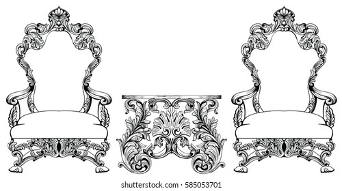 Rich Baroque Rococo armchair and table set. French Luxury carved ornaments furniture. Vector Victorian exquisite Style decorated wooden structure