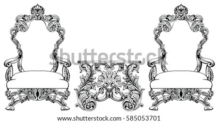 Rich Baroque Rococo armchair and table set. French Luxury carved ornaments furniture. Vector Victorian exquisite Style decorated wooden structure