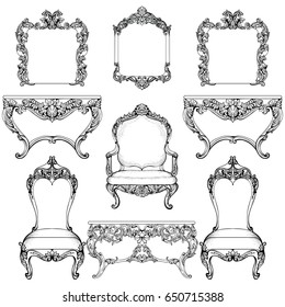 Rich Baroque Rococo furniture and frames set. French Luxury carved ornaments. Vector Victorian exquisite Style decorated frames