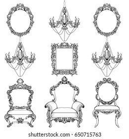 Rich Baroque Rococo furniture and frames set. French Luxury carved ornaments chandeliers accesories. Vector Victorian exquisite Style decorated frames