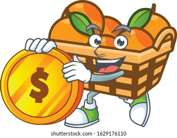 Rich basket oranges mascot cartoon design style with gold coin