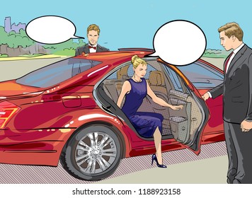 Rich and beautiful celebrities, blond woman in evening dress walking on a carpet with limousine. Red car.