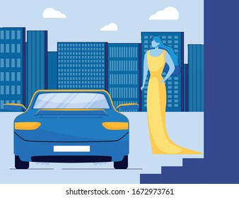 Rich and Beautiful Celebrity, Superstar or Famous Actress Woman Cartoon Character Stepping Down to Luxurious Limousine. Television, Music or Hollywood Awarding Ceremony. Flat Vector Illustration.