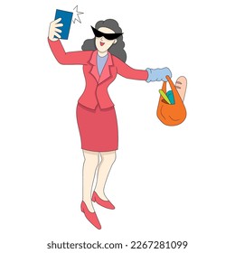 a rich and beautiful young woman is making a social media video showing off bringing food donations. vector design illustration art