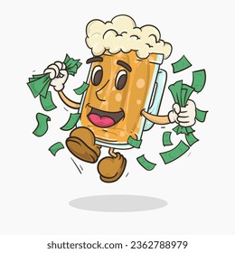 rich beer glass with face mascot jump and holding money vector illustration