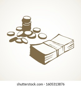 Rich big greenback usd value heap set concept on white space for text. Line black ink hand drawn old gold many pack pile stock logo sign icon pictogram sketch in art retro doodle cartoon graphic style