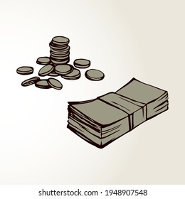 Rich big greenback usd value heap set concept on white space for text. Line black ink hand drawn old gold many pack pile stock logo sign icon pictogram sketch in art retro doodle cartoon graphic style