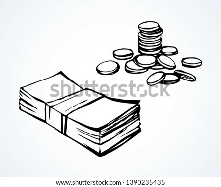 Rich big greenback usd value heap set concept on white space for text. Line black ink hand drawn old gold many pack pile stock logo sign icon pictogram sketch in art retro doodle cartoon graphic style