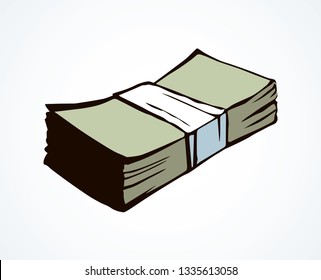 Rich big old greenback value heap set concept on white space for text. Bright green color hand drawn old market exchange package pile stock logo emblem pictogram banner design in art retro comic style