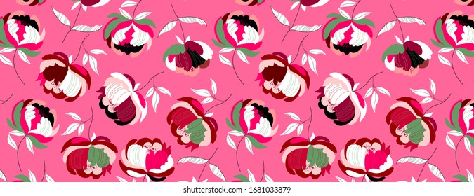 Rich big pink peonies seamless flower pattern. Mustard yellow background. Hand-drawn modern illustration of big flowers with white leaves on a solid colour. Fabric, web, app, stationery design asset. 