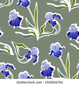 Rich big purple irises seamless flower pattern. grey green background. Hand-drawn modern illustration of big flowers with long leaves on a solid colour. Fabric, web, app, stationery design asset.