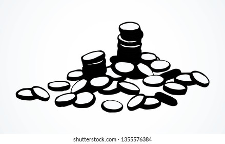 Rich big usd chip value group set on white space to text. Outline black ink hand drawn old USA buck cent wage rate logo. Flat poker token heap line emblem pictogram in art retro doodle cartoon style