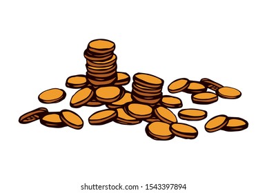 Rich big usd chip value group set on white text space. Bright yellow color hand drawn old usa buck cent wage rate logo. Circle poker token heap line emblem pictogram in art retro doodle cartoon style