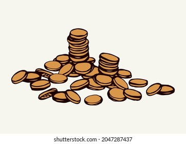 Rich big usd chip value group set on white text space. Bright yellow color hand drawn old usa buck cent wage rate logo. Circle poker token heap line emblem pictogram in art retro doodle cartoon style