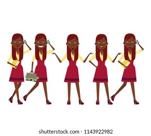Rich black girl at shopping character set with different poses, emotions, gestures. Phone conversation, bag with money. Can be used for topics like modern lady, wealthy woman, lifestyle