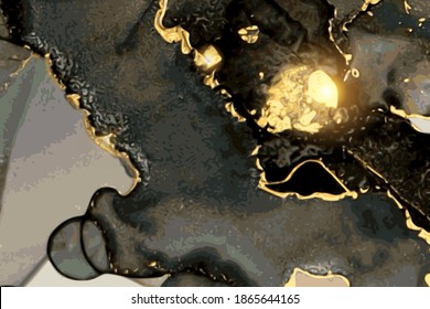 Rica textura de mármol negro y dorado. Fondo vectorial abstracto de la técnica de tinta alcohólica. Moderna pintura lujosa en colores naturales. Plantilla para banner, diseño de afiches. Pintura de arte fluido