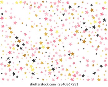 Rich black pink gold stardust scatter texture. Many starburst spangles Noel decoration particles. Wedding star dust pattern. Sparkle particles congratulations decor.