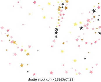 Rich black pink gold stars falling scatter pattern. Many stardust spangles New Year decoration particles. Isolated stars falling backdrop. Sparkle particles banner decor.