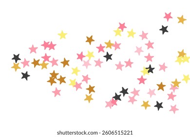 Rich black pink gold stars falling scatter illustration. Little starburst spangles Noel decoration particles. Celebration stars falling design. Spangle symbols gift decor.