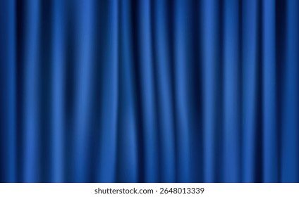 Rich blue fabric with vertical smooth and shiny folds, deep, saturated blue tone, depth and richness, theatrical curtain or decorative backdrop.