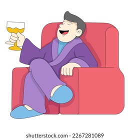 a rich boss is enjoying his day off sitting on the couch enjoying a glass of champagne. vector design illustration art
