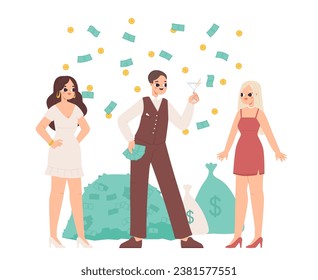 Rich boy with money and drink. Ladies flirting with playboy, young girls want finance. Successful investor character, elegance female, snugly vector scene