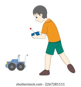 rich boy is playing remote control car alone. vector design illustration art