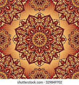 Rich with bright colors, beautiful medieval ornament. Seamless pattern of circular floral elements. Vector design of mandalas.  Template for textiles, shawl, carpets, cushions.